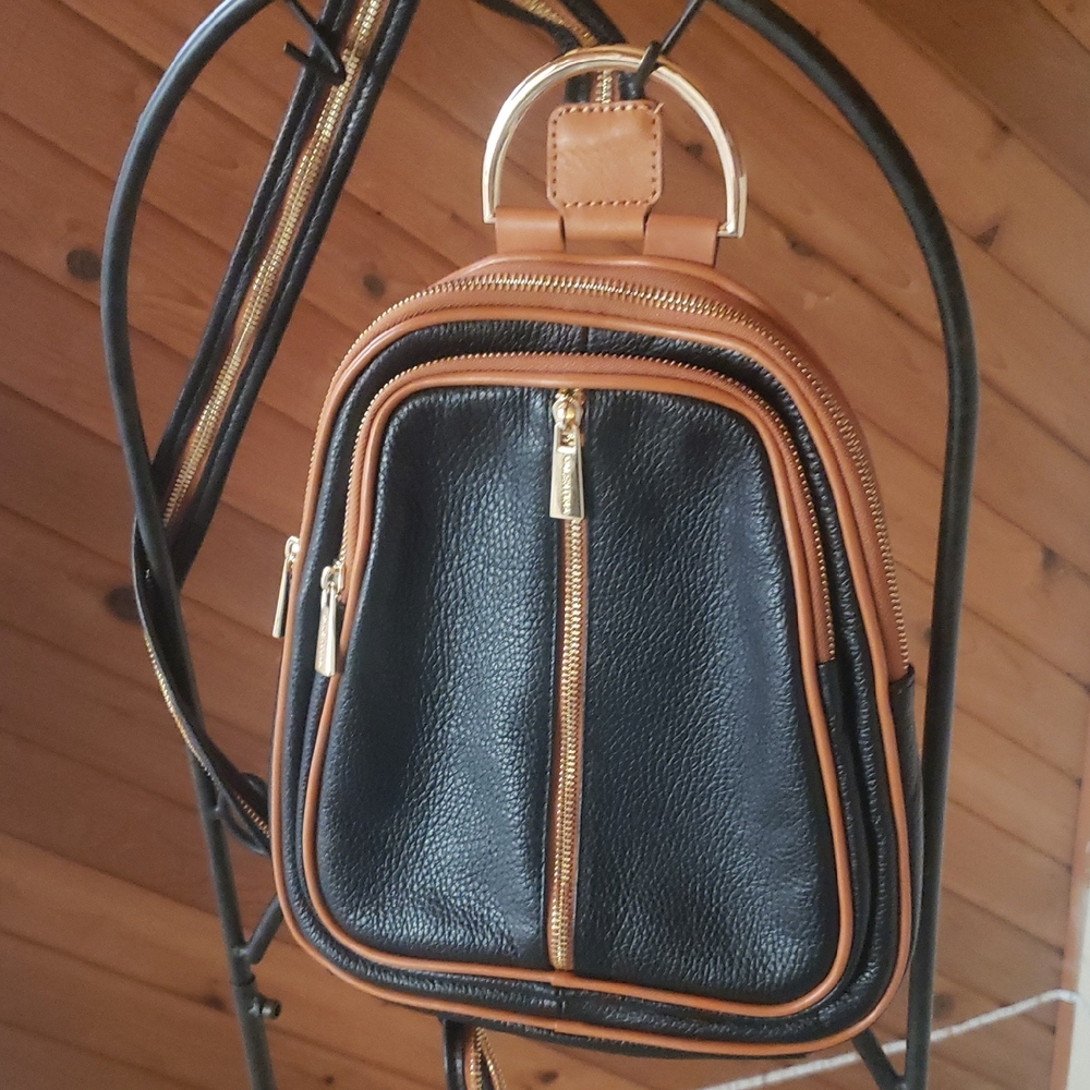 Stylish Black and Brown Leather Backpack/slingbag